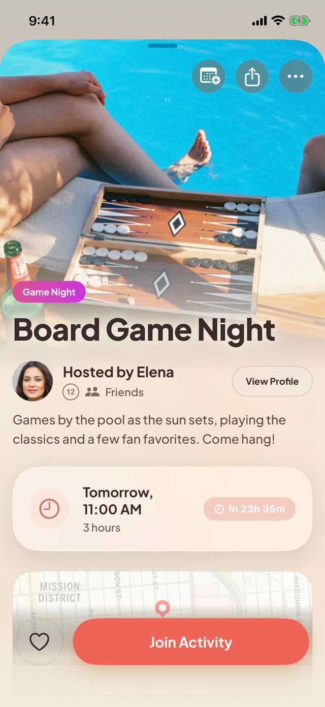 An Up For activity page in light mode: Board Game Night hosted by Elena