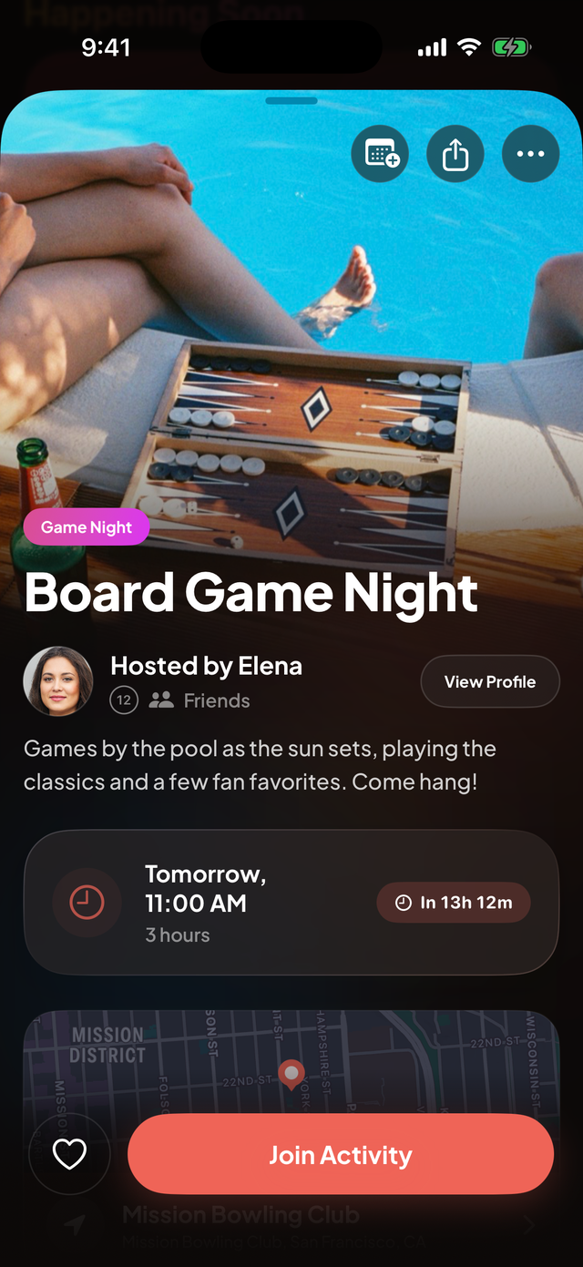 An Up For activity page: Board Game Night hosted by Elena, with time, map, and Join button
