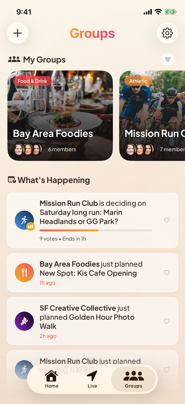 Up For Groups in light mode: Bay Area Foodies and Mission Run Club with a live poll