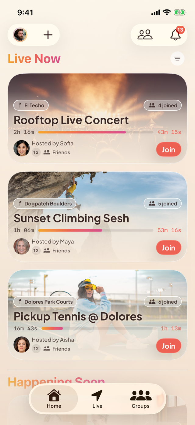 Up For home feed in light mode: live activities from friends with one-tap Join