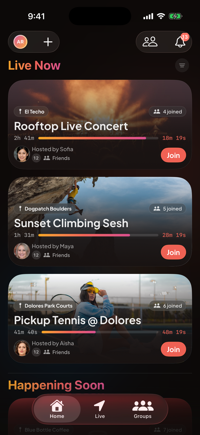 Up For home feed: live activities from friends with one-tap Join