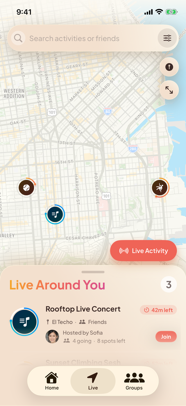 Up For Live map in light mode with activity pins and the Live Around You list