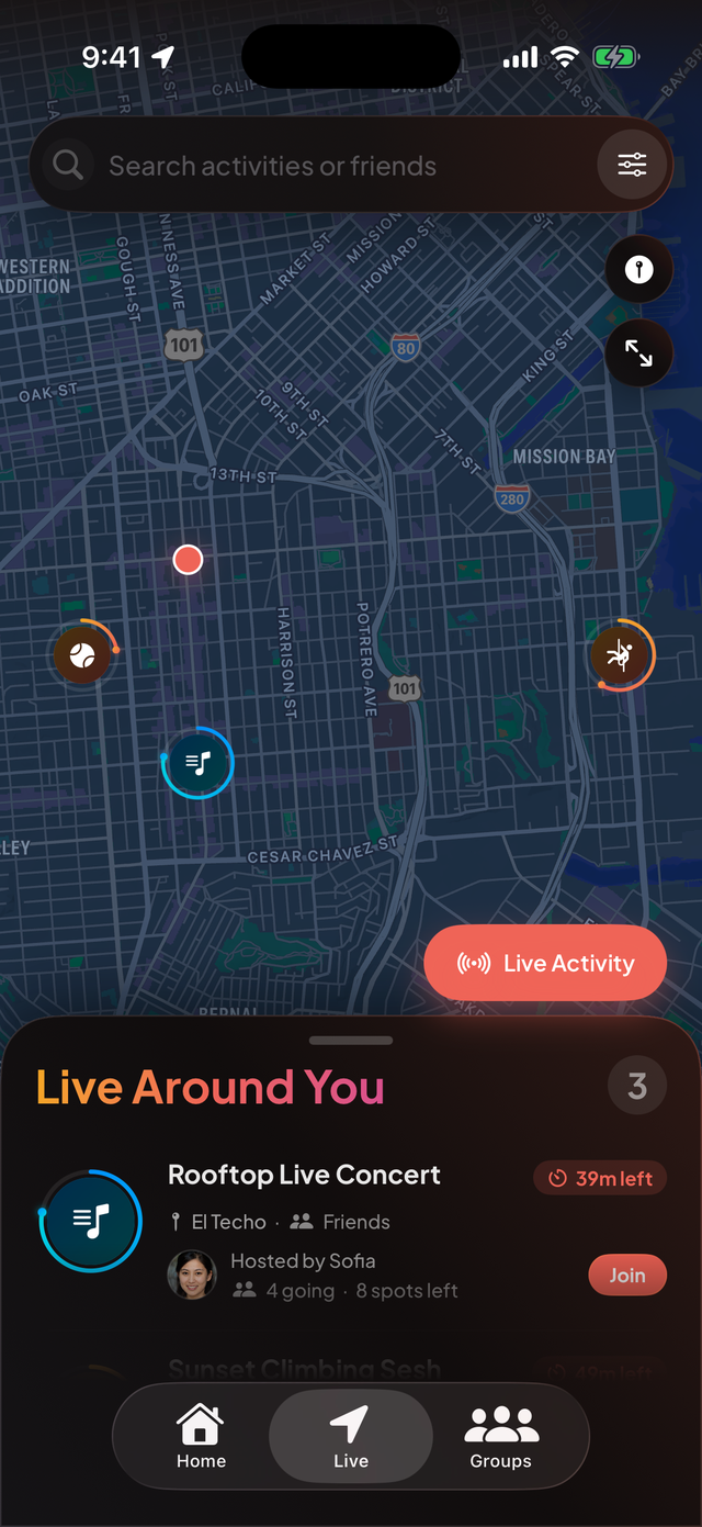 Up For Live map of San Francisco with activity pins and the Live Around You list