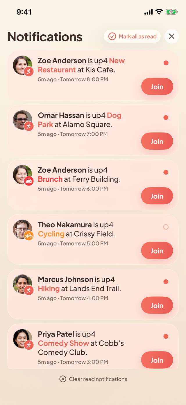 Up For notifications in light mode: friends posting plans, each with a Join button