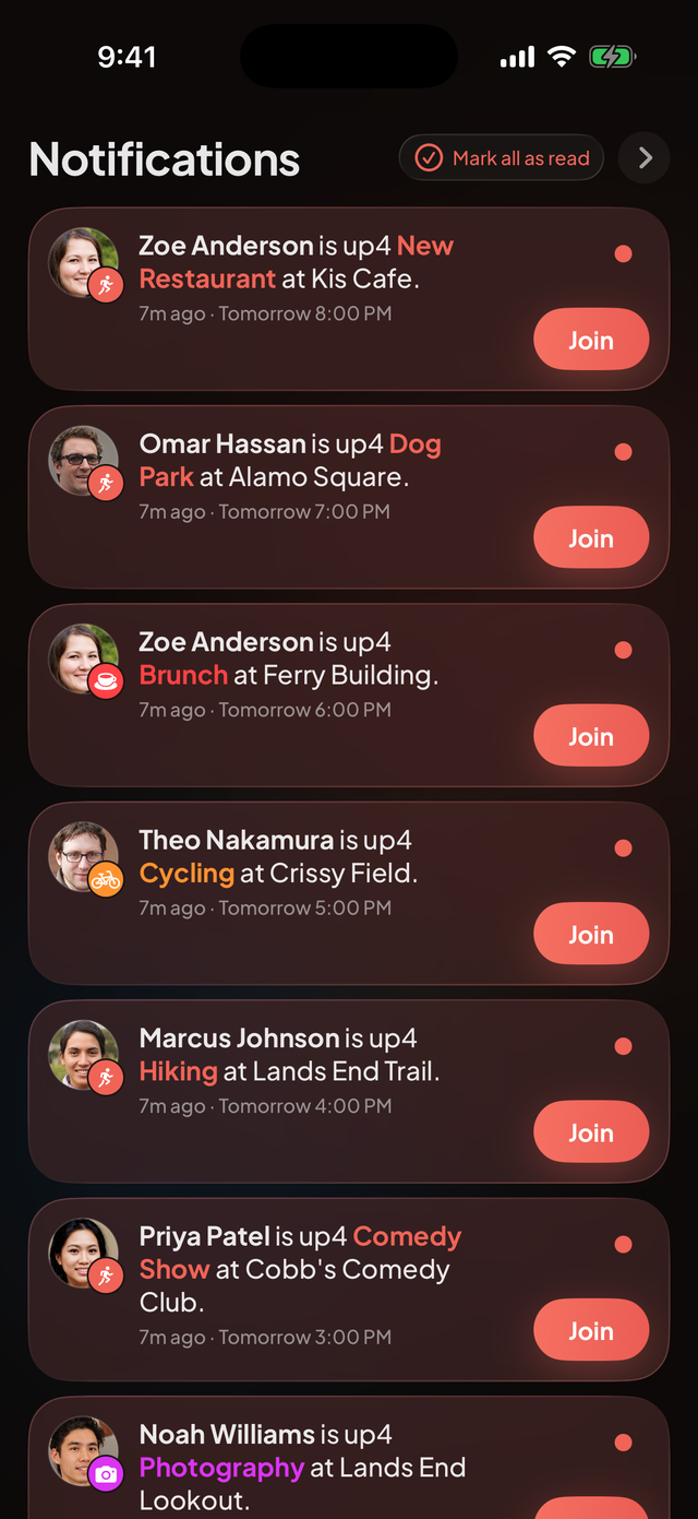 Up For notifications: friends going live and posting plans, each with a Join button