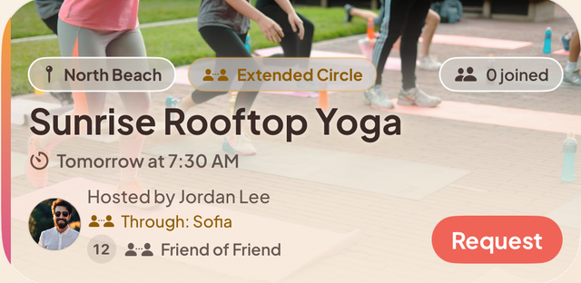 Extended-circle activity in light mode: Sunrise Rooftop Yoga hosted by Jordan Lee, through Sofia
