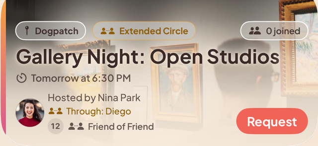 Extended-circle activity in light mode: Gallery Night Open Studios hosted by Nina Park, through Diego